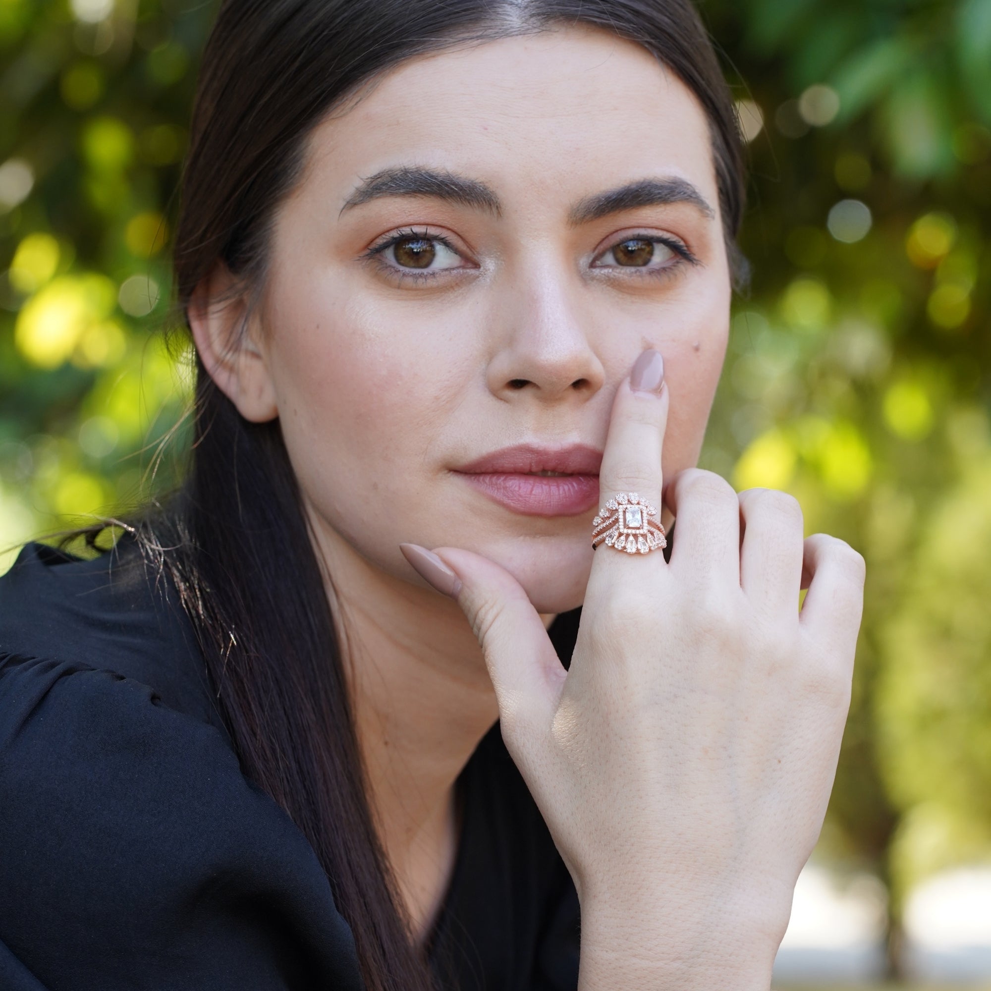 Silver Center Emerald Wedding Rose Gold Ring