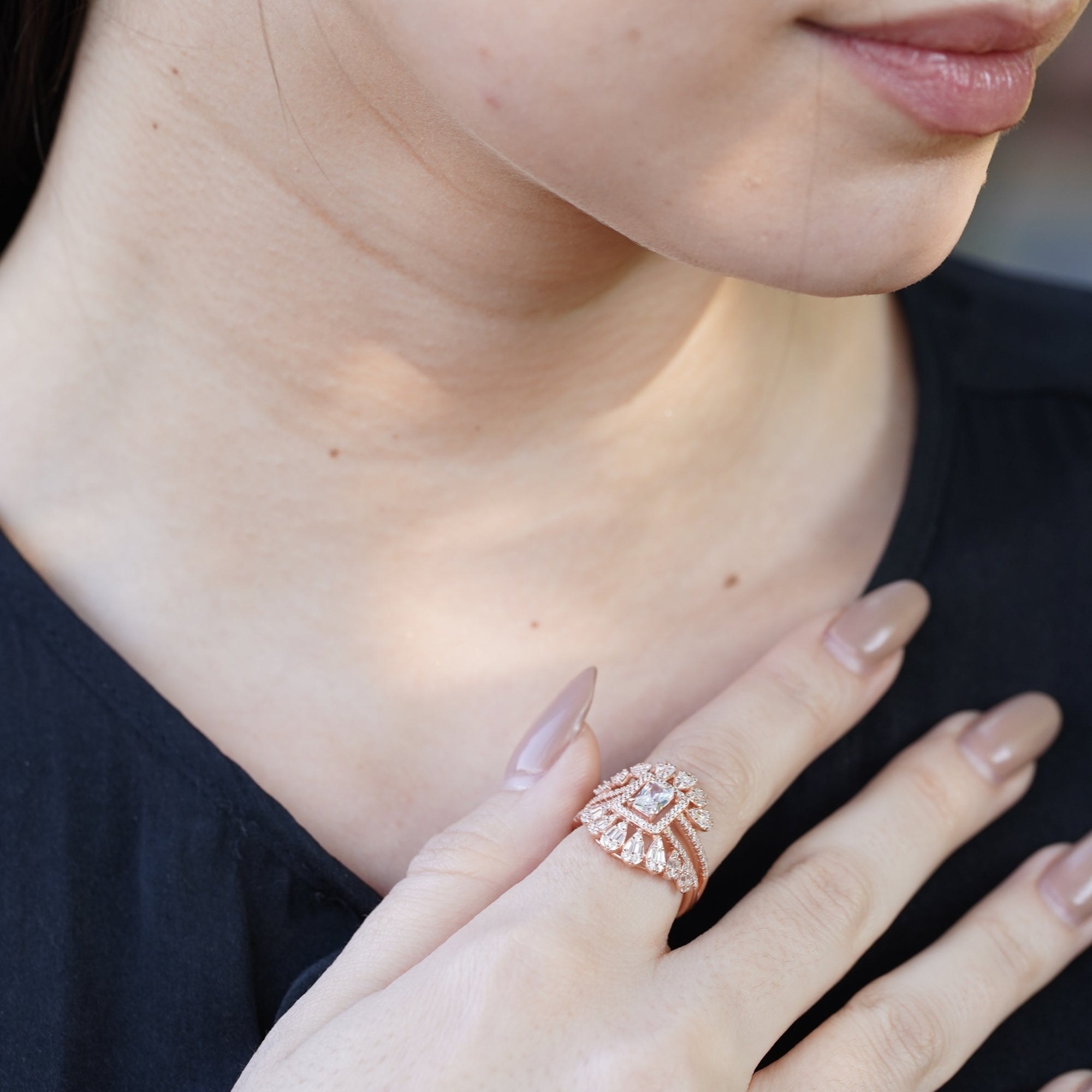 Silver Center Emerald Wedding Rose Gold Ring