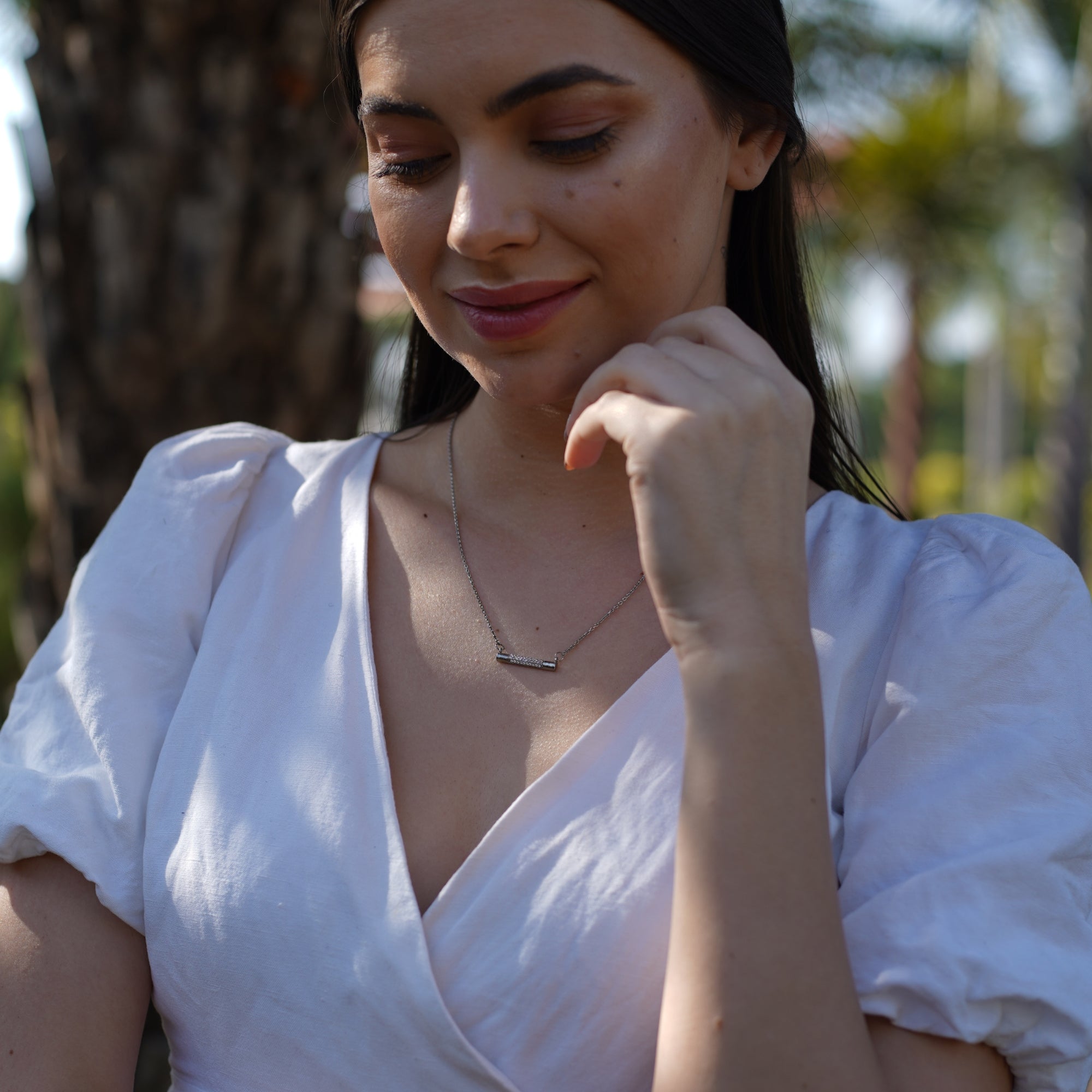 Diamond Bar 925 Sterling Silver Necklace White Gold