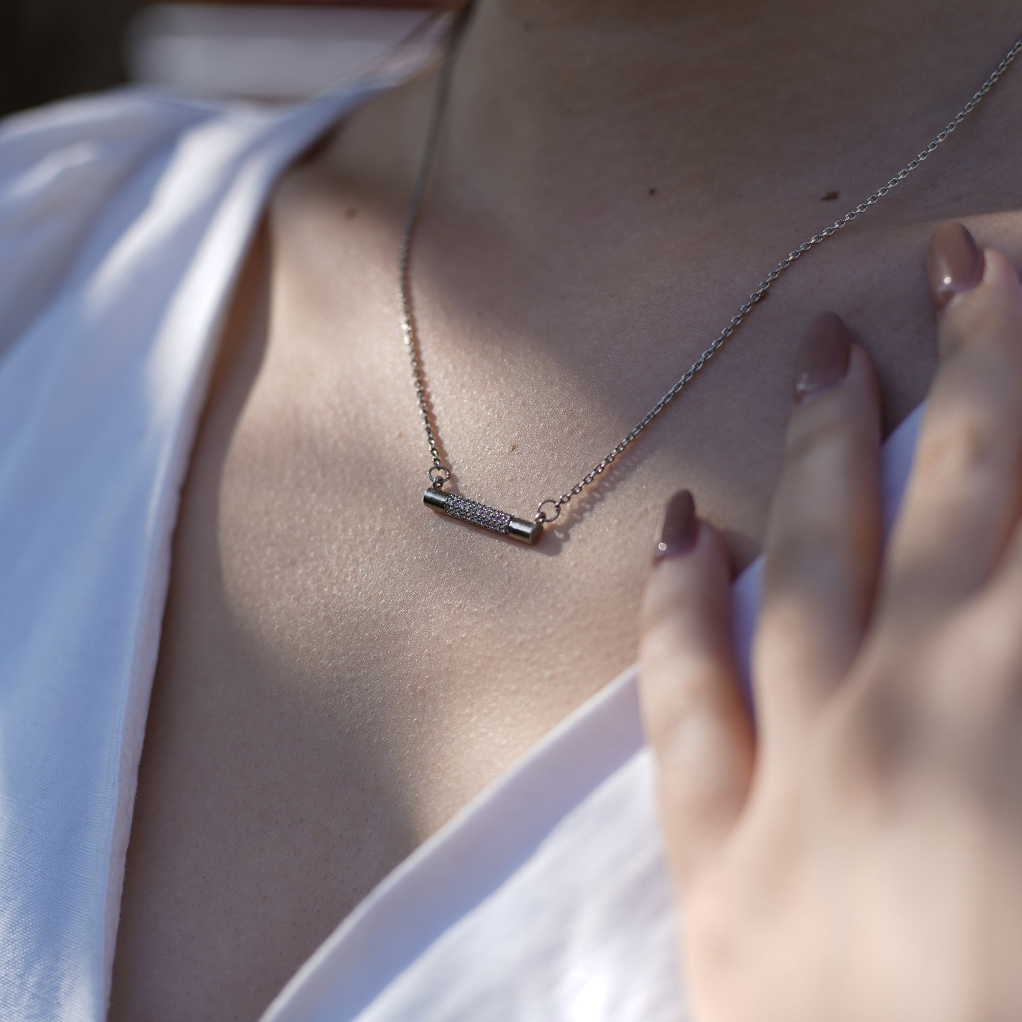 Diamond Bar 925 Sterling Silver Necklace White Gold