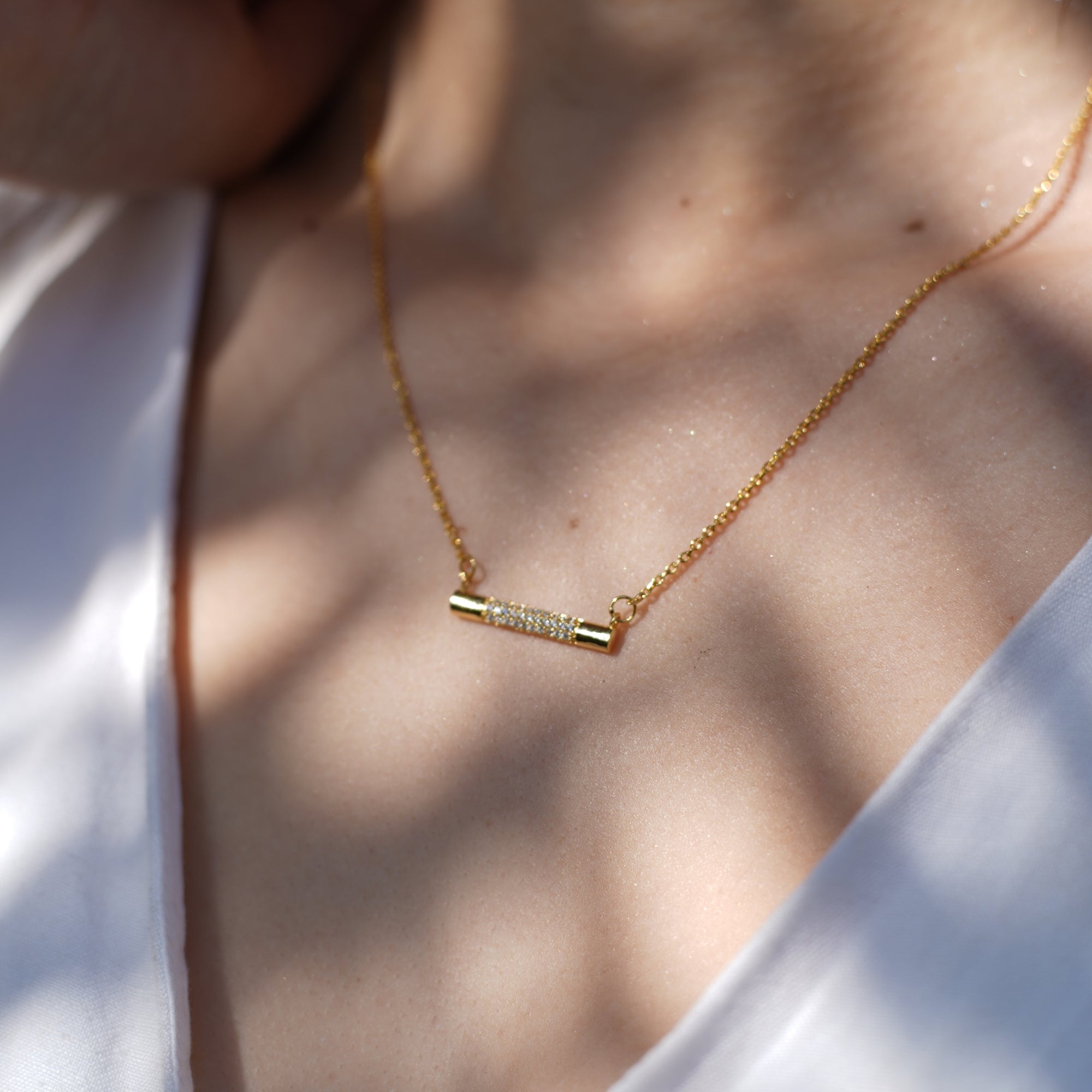 Diamond Bar 925 Sterling Silver Necklace Yellow Gold