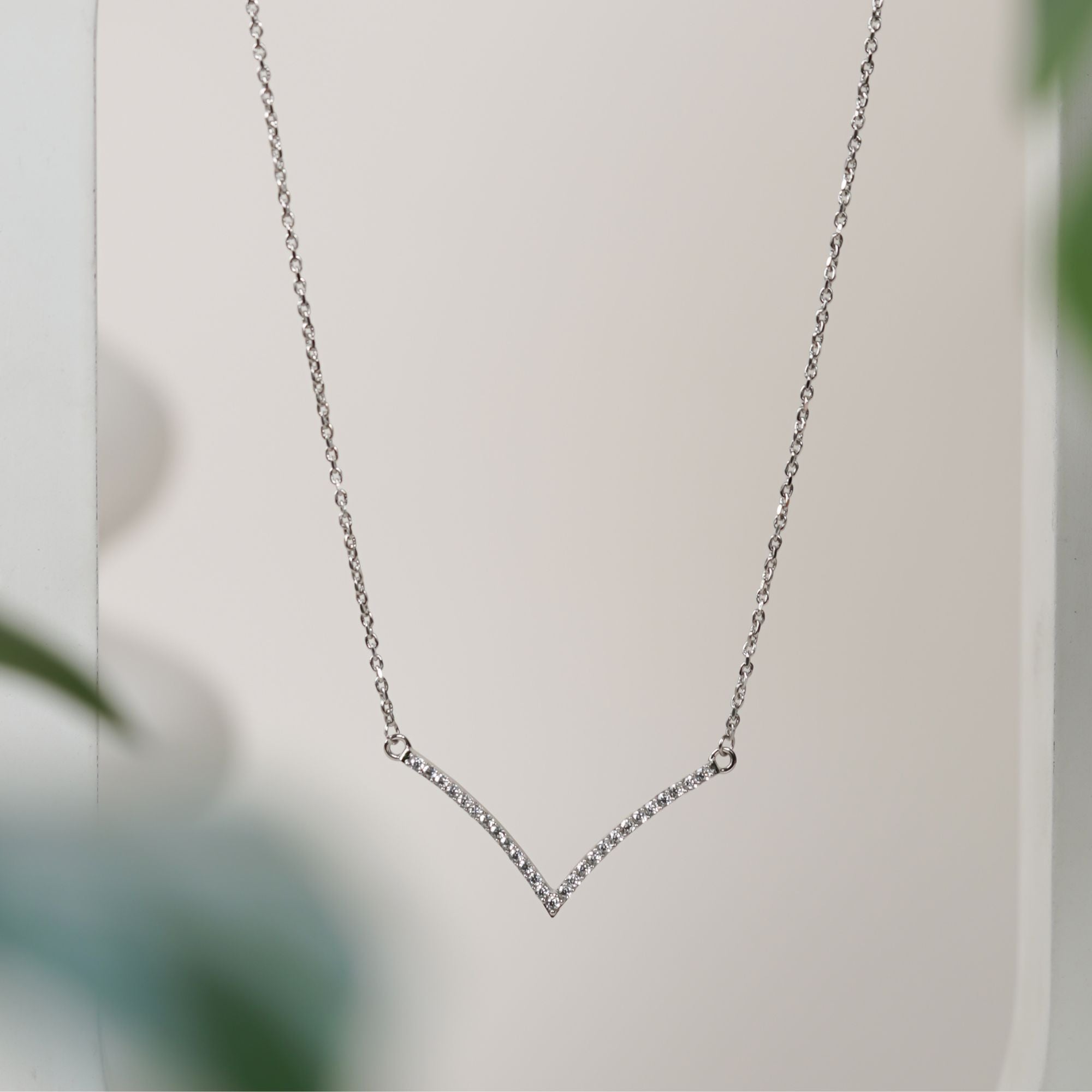 Silver V Chevron Diamond Necklace White Gold