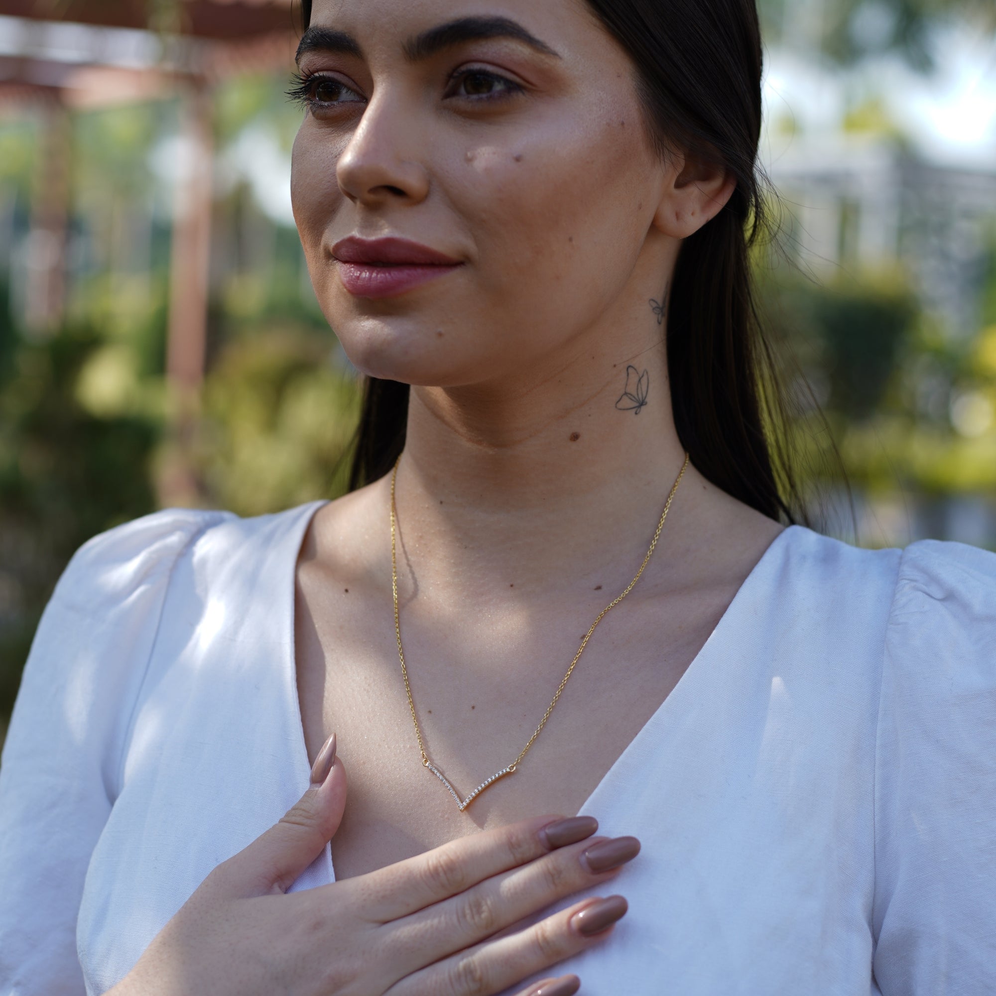 Silver V Chevron Diamond Necklace Yellow Gold