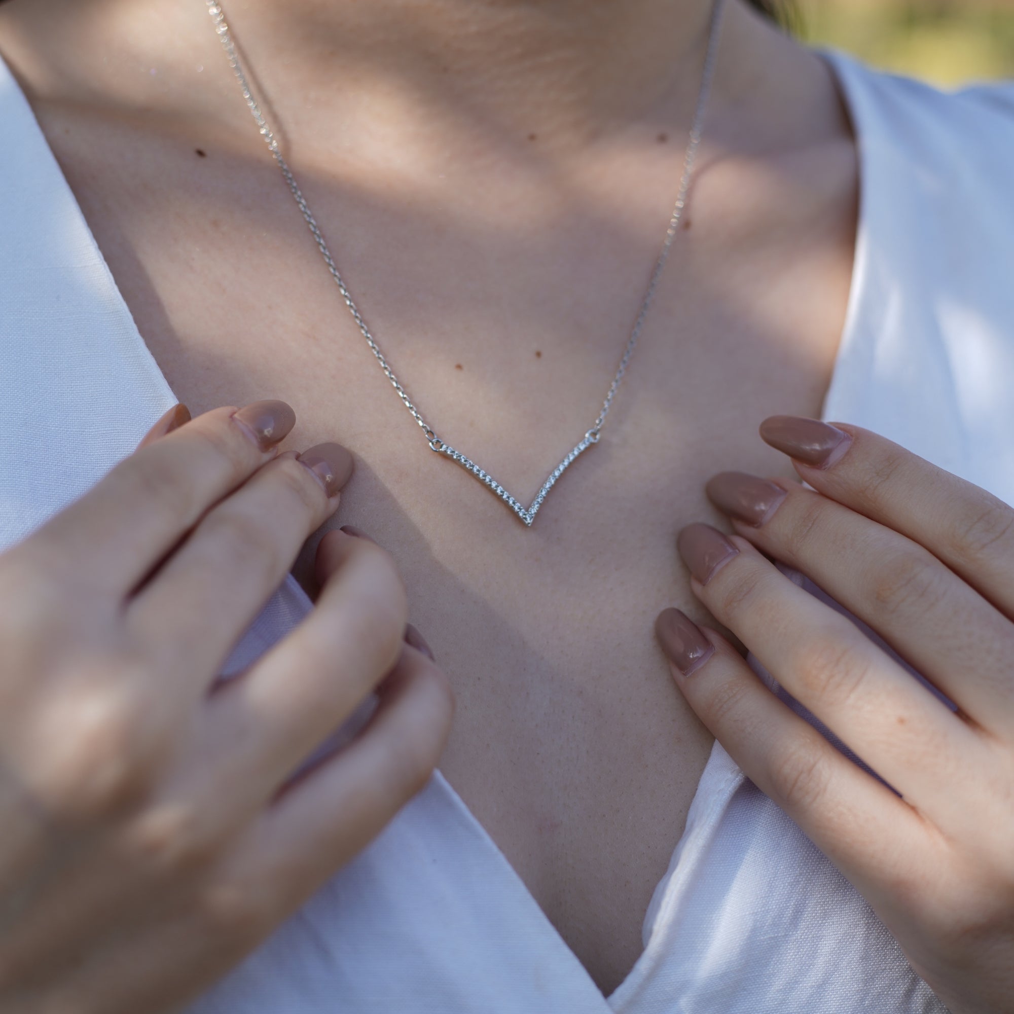 Silver V Chevron Diamond Necklace White Gold