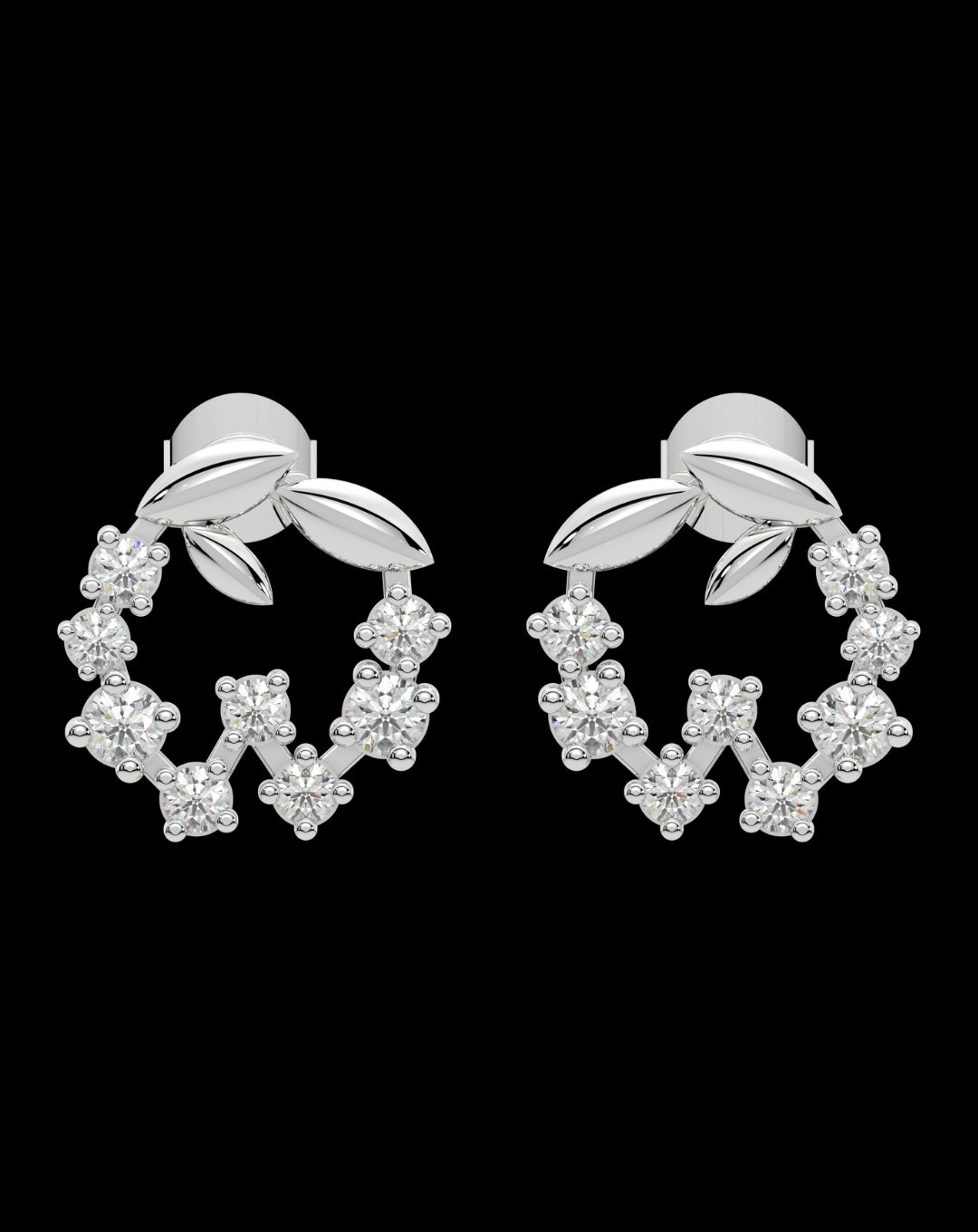 Silver Diamond Leaf Stud White Gold