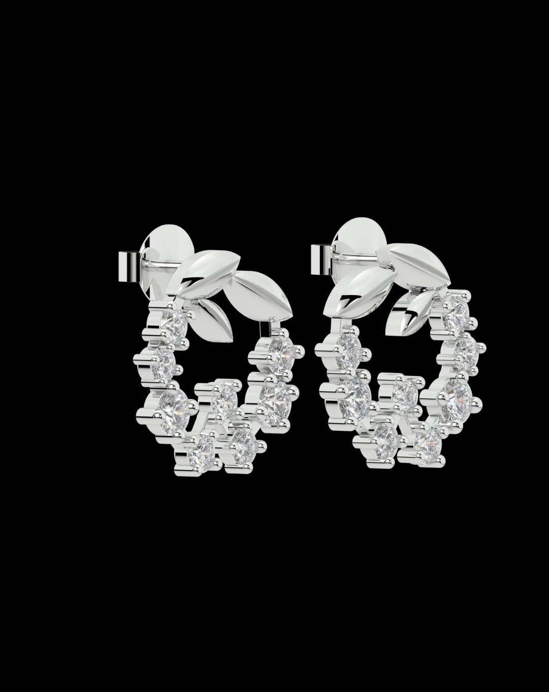 Silver Diamond Leaf Stud White Gold