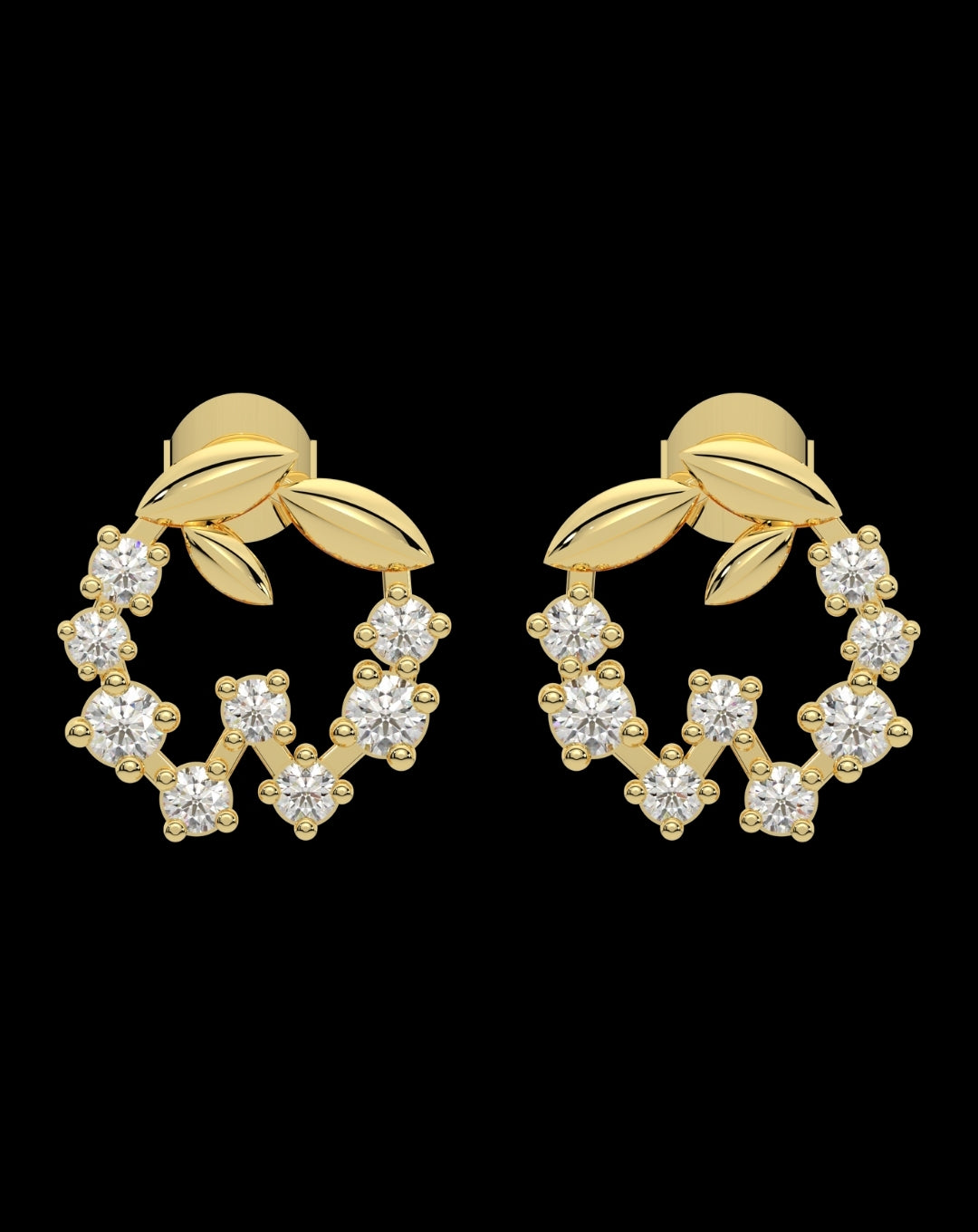 Silver Diamond Leaf Stud Yellow Gold