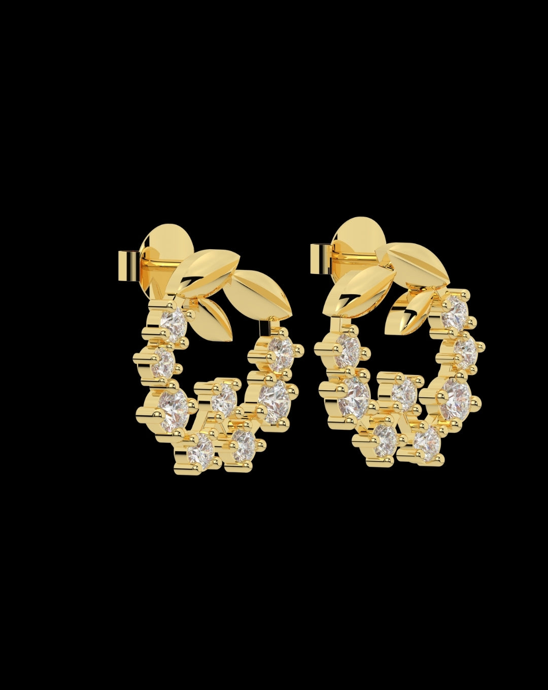 Silver Diamond Leaf Stud Yellow Gold