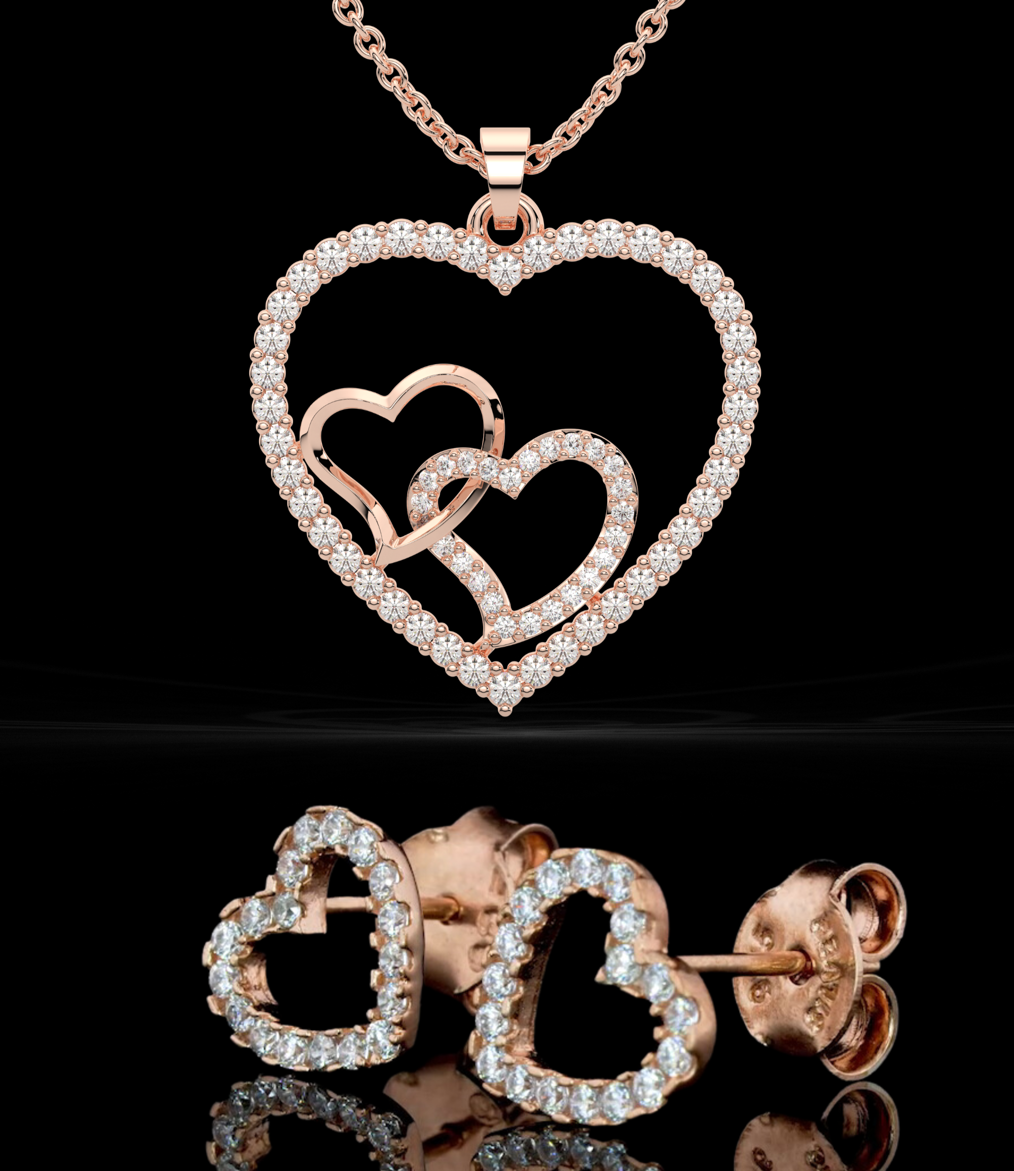 Rose Gold Double Heart Necklace & Earring Set for Women|925 Sterling Silver|Swiss Zircon
