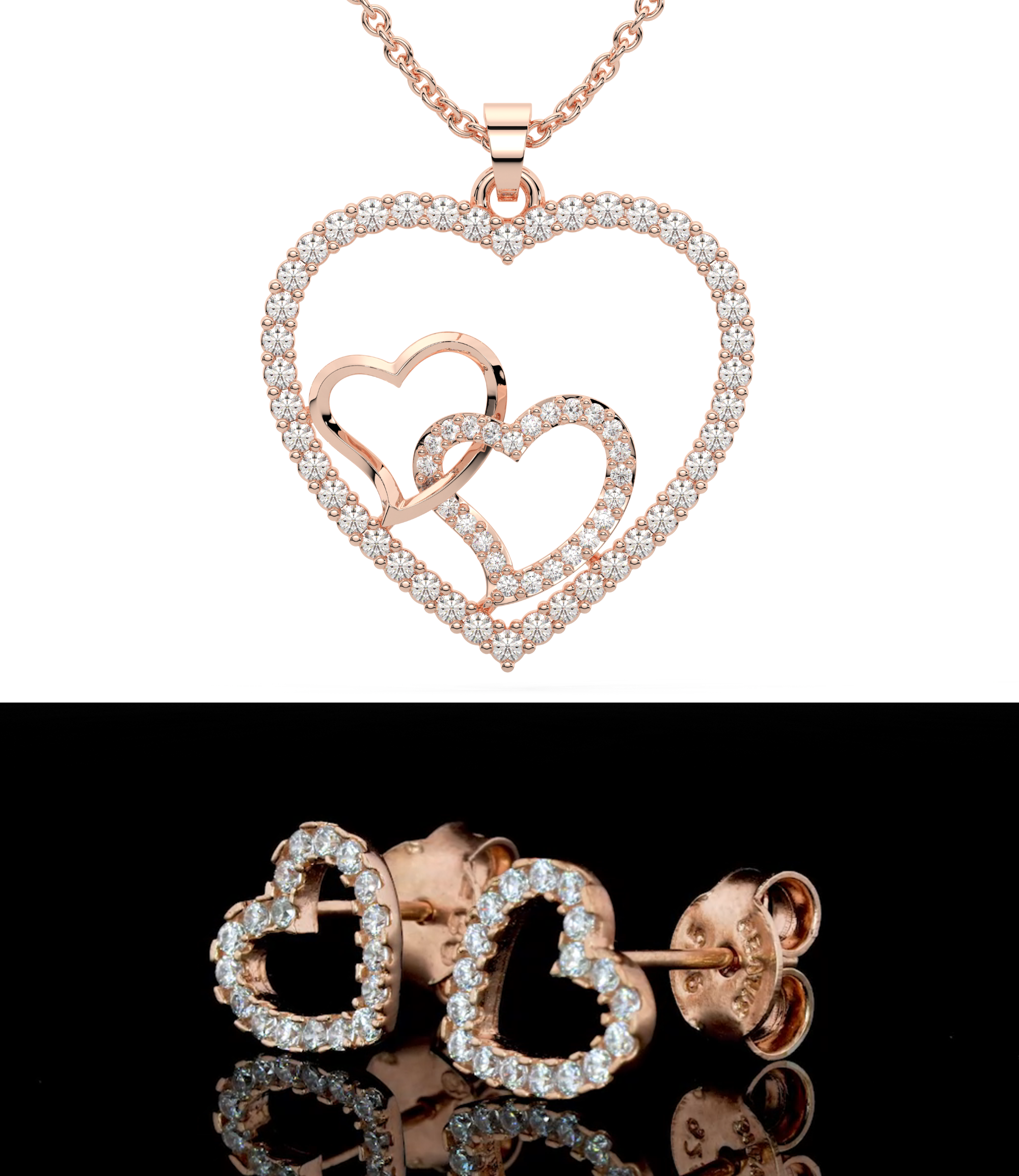 Rose Gold Double Heart Necklace & Earring Set for Women|925 Sterling Silver|Swiss Zircon