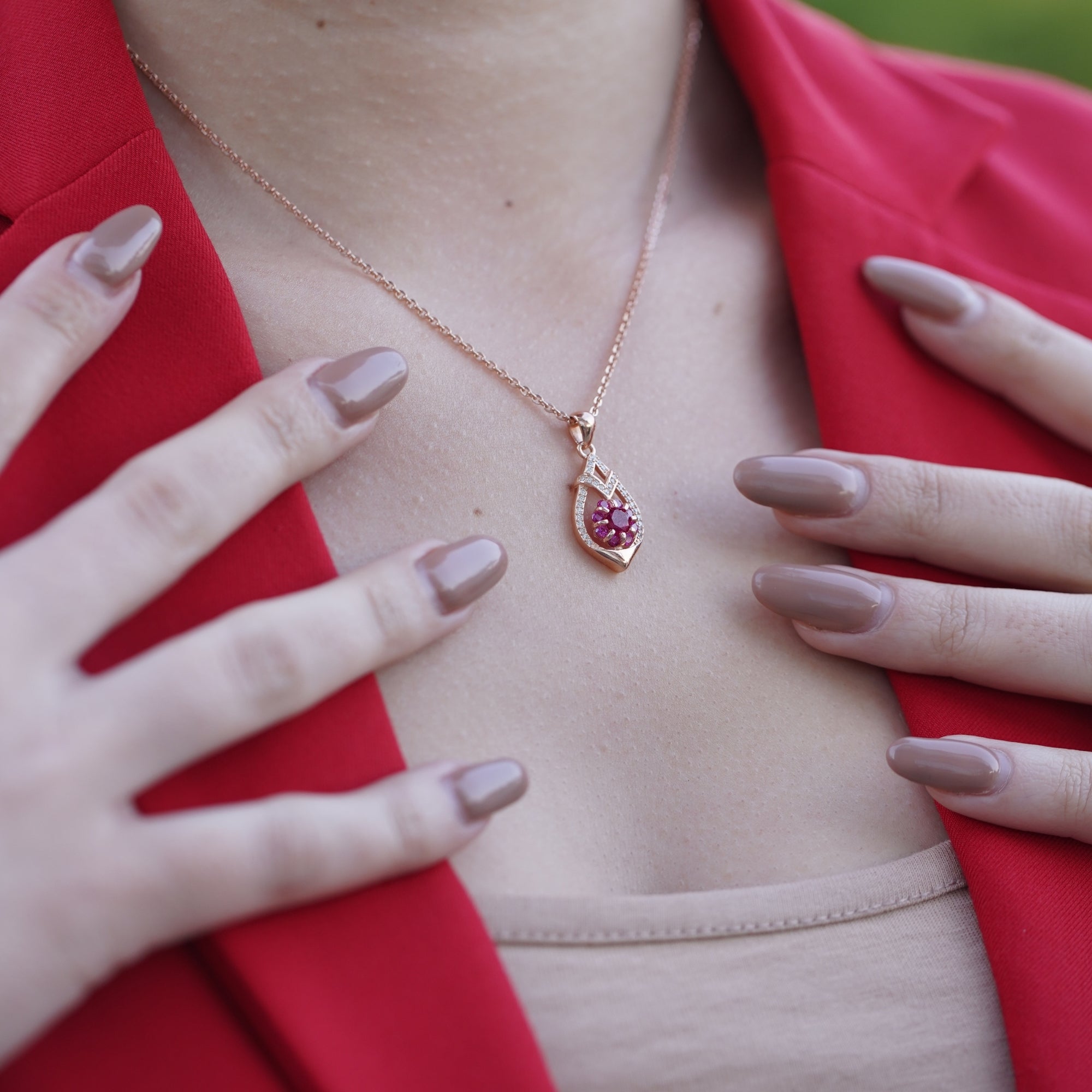 Leaf Line Red Stone Necklace 925 Silver