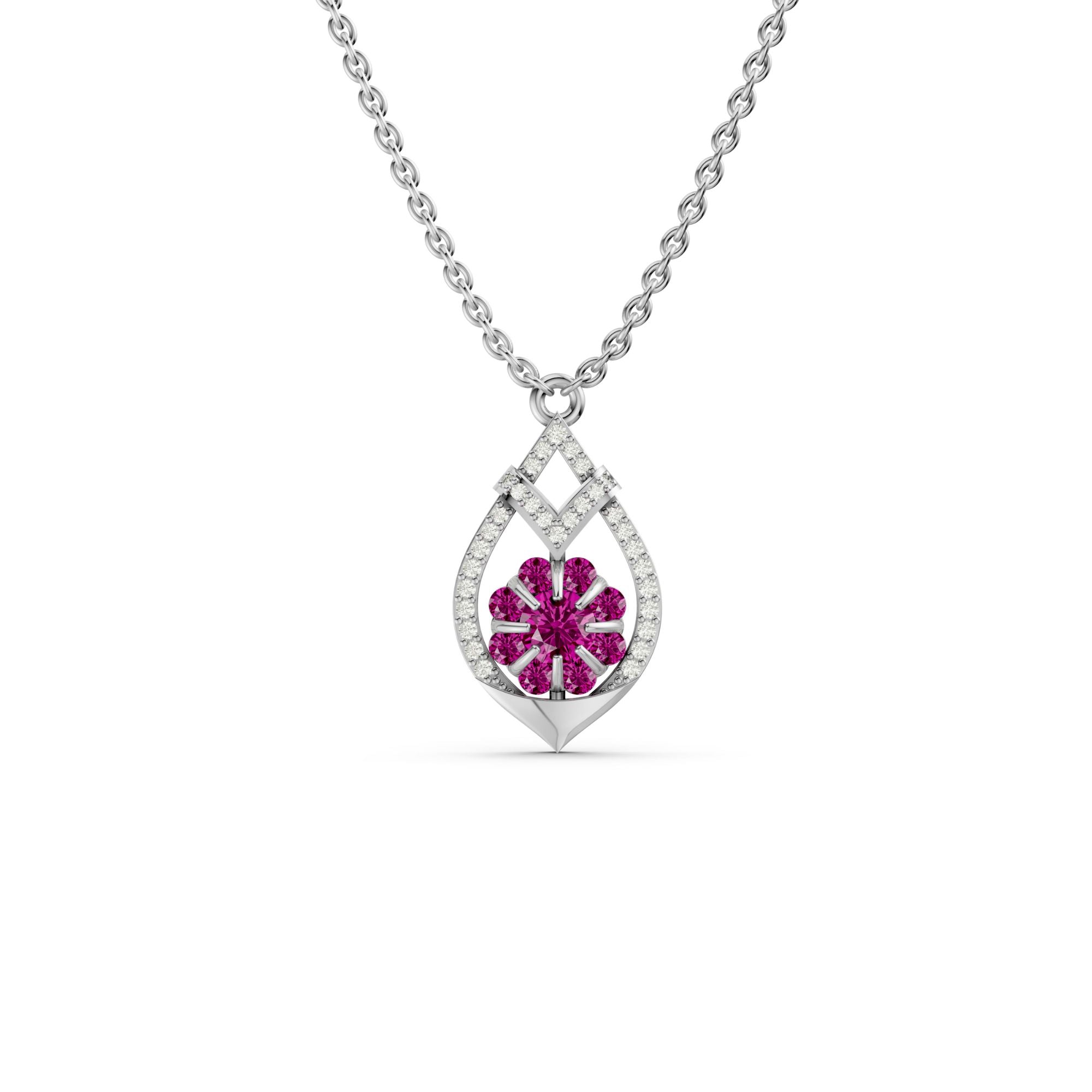 Leaf Line Red Stone Necklace 925 Silver
