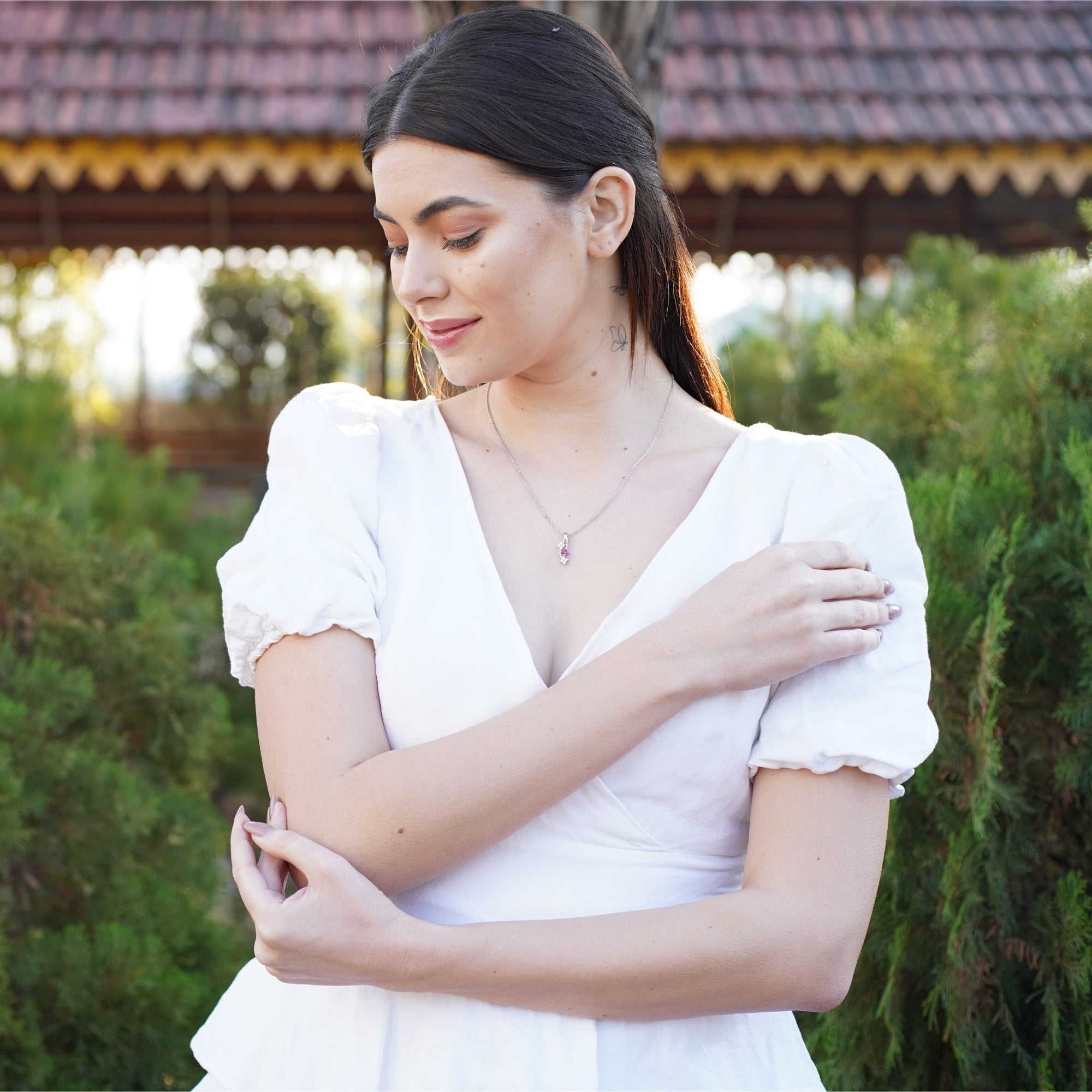 Beautiful Silver Leaf Flower Red Diamond Pendant