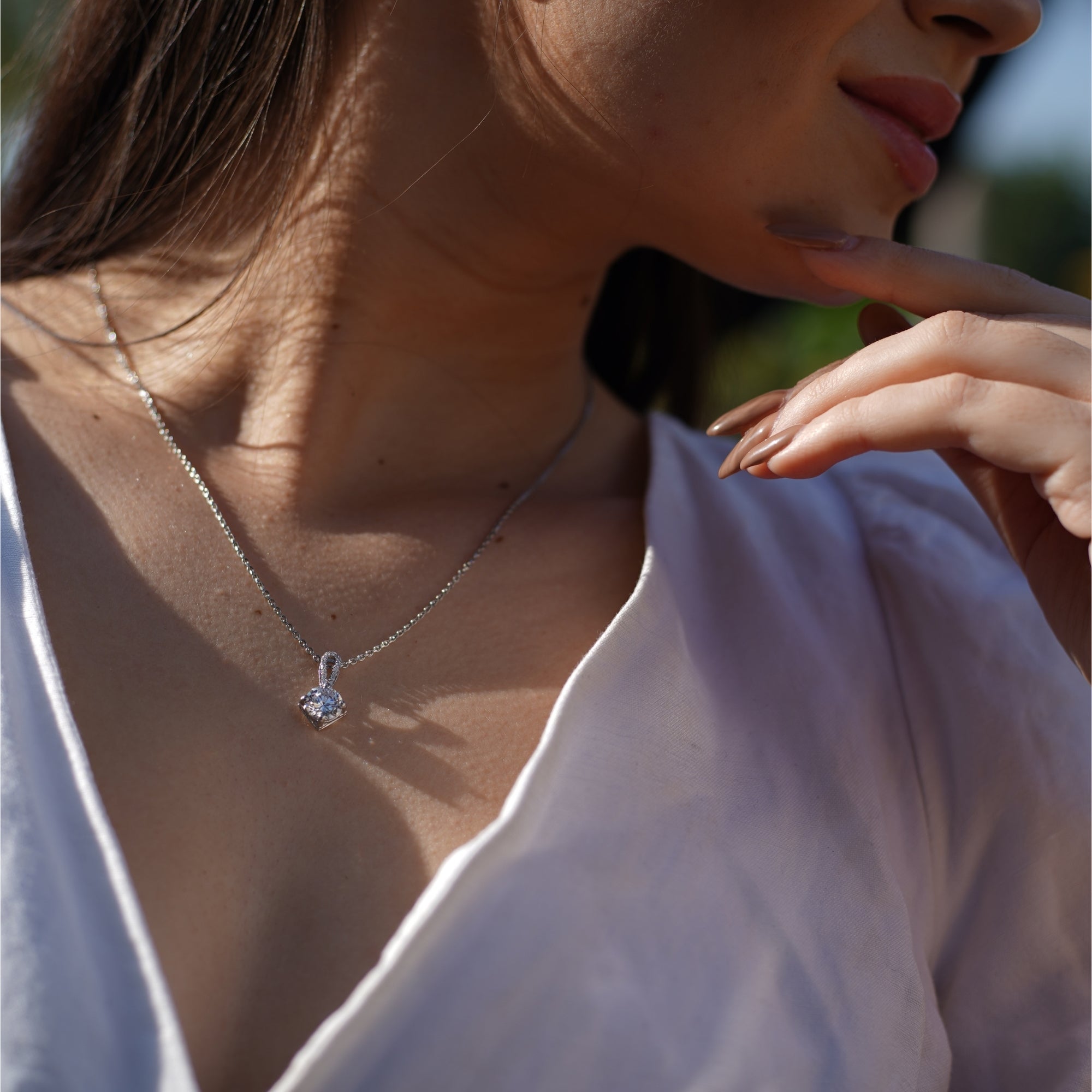 Silver Round Solitaire Stone Pendant White Gold