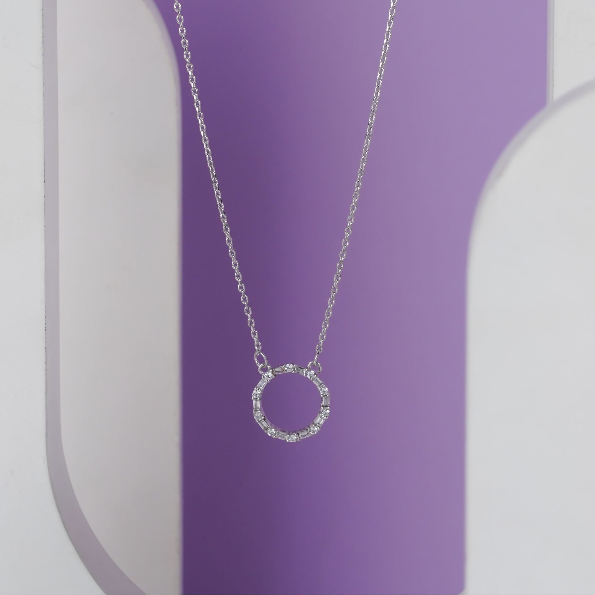 Diamond Baguette White Gold Open Circle Necklace | 925 Sterling silver