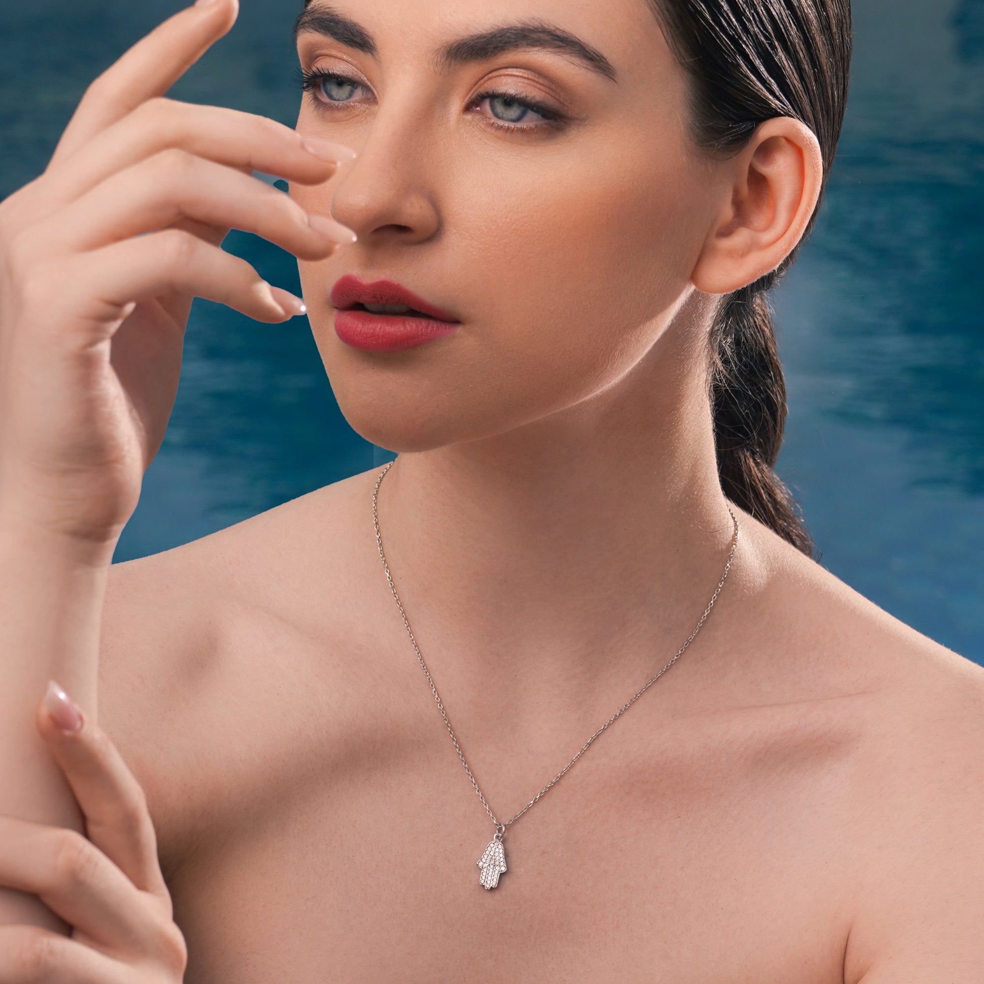 Hamsa Hand Diamond Necklace 925 Sterling silver