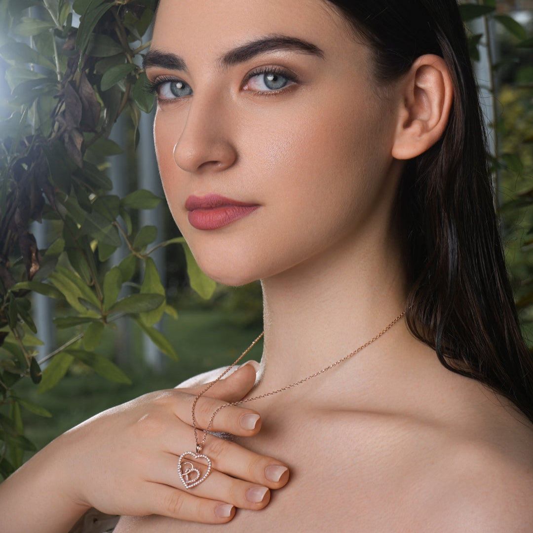 Rose Gold Double Heart Necklace & Earring Set for Women|925 Sterling Silver|Swiss Zircon
