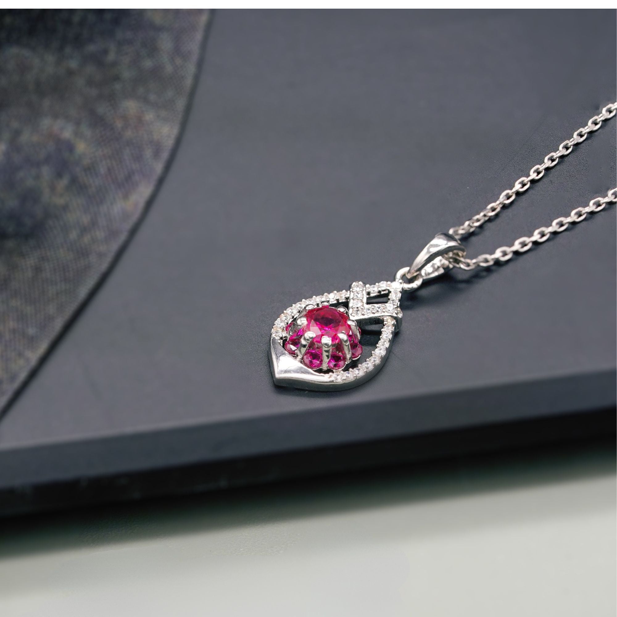 Leaf Line Red Stone Necklace 925 Silver
