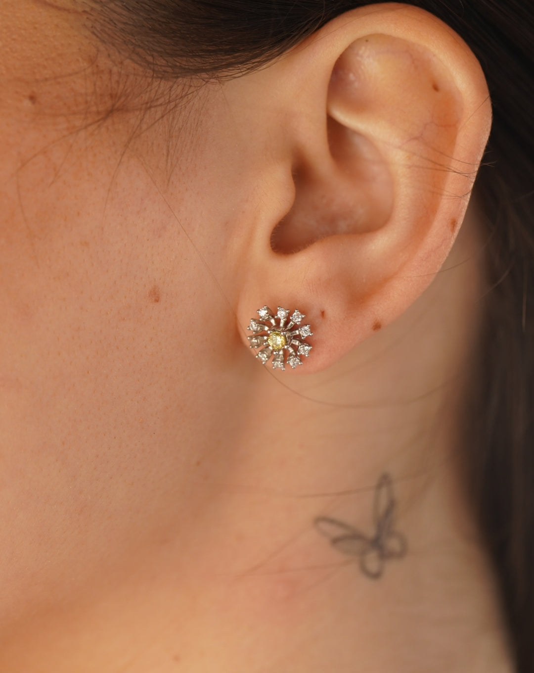 Silver Flower Yellow Center Diamond Earring