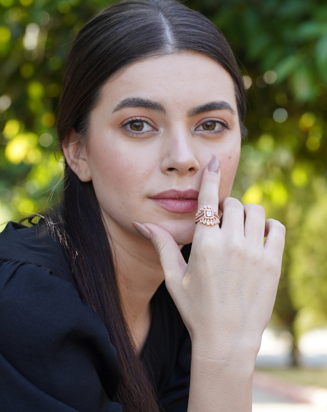 Silver Center Emerald Wedding Rose Gold Ring