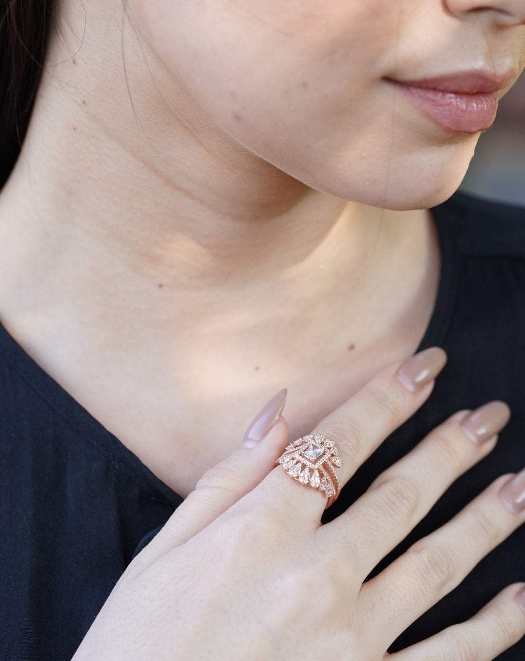 Silver Center Emerald Wedding Rose Gold Ring