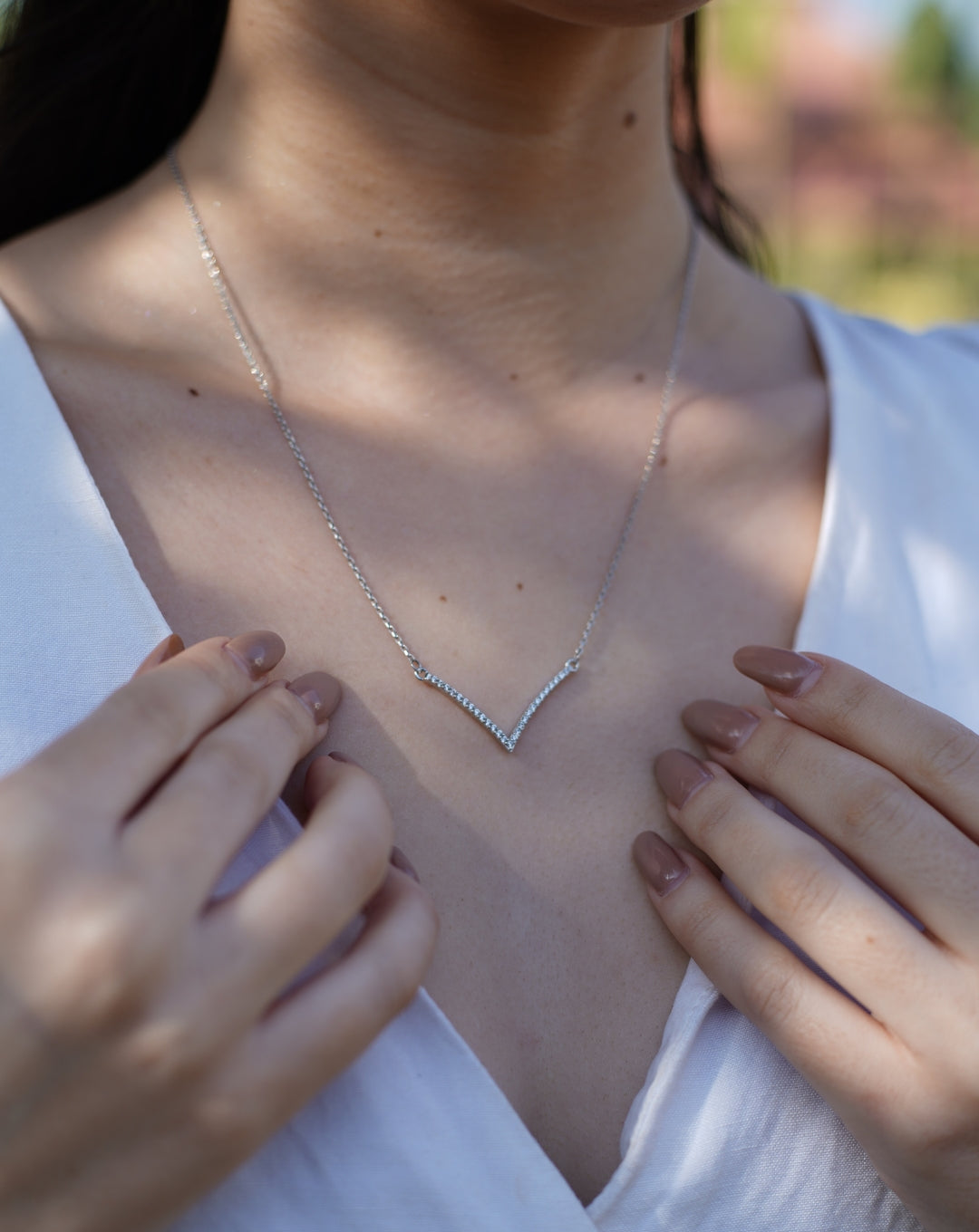 Silver V Chevron Diamond Necklace White Gold