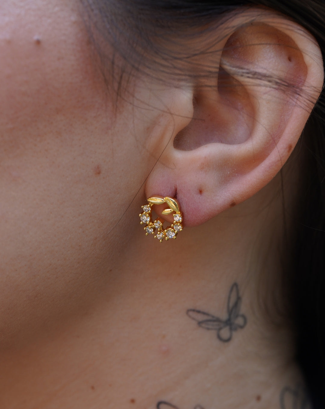 Silver Diamond Leaf Stud Yellow Gold