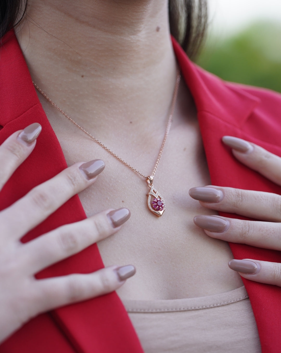 Leaf Line Red Stone Necklace 925 Silver