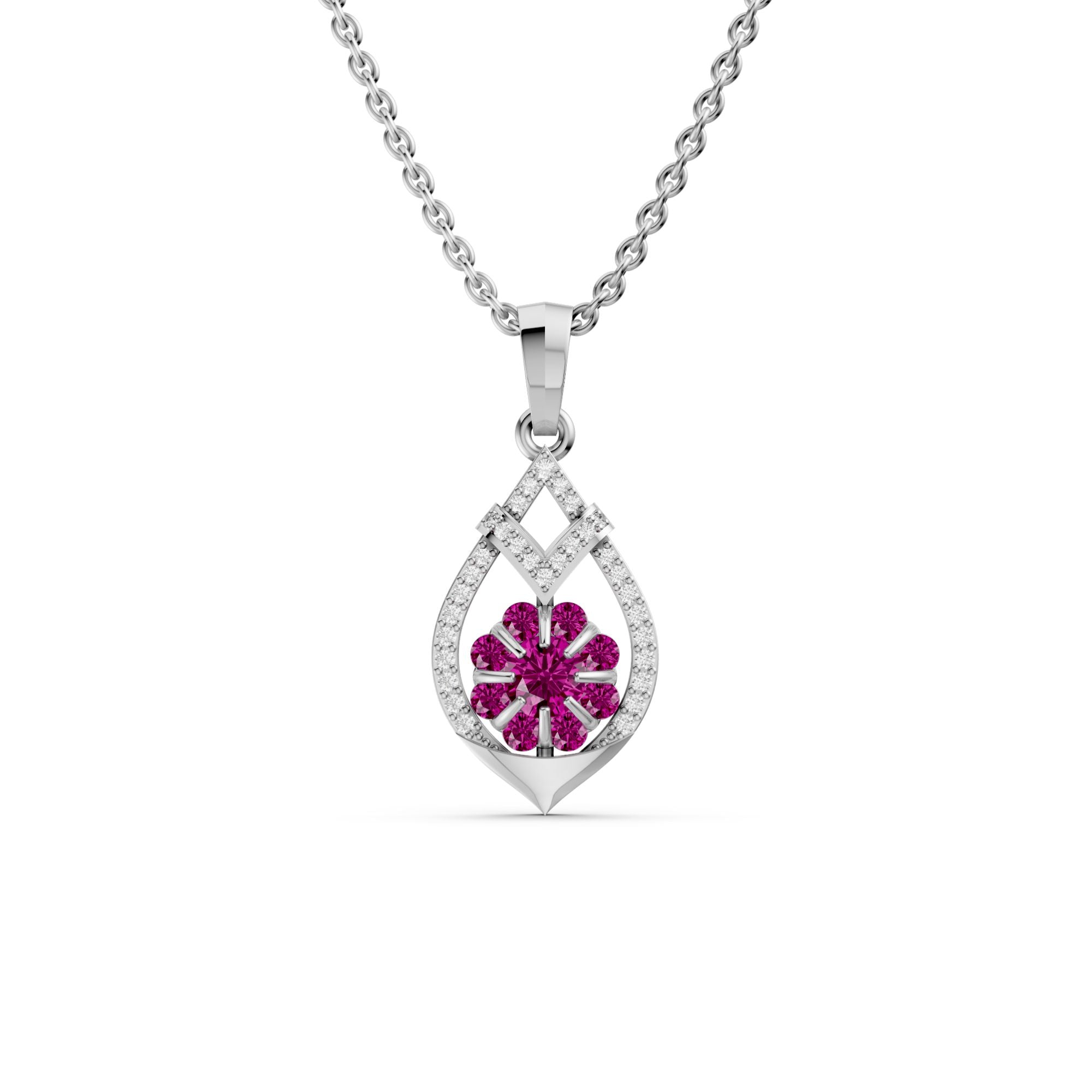 Leaf Line Red Stone Necklace 925 Silver