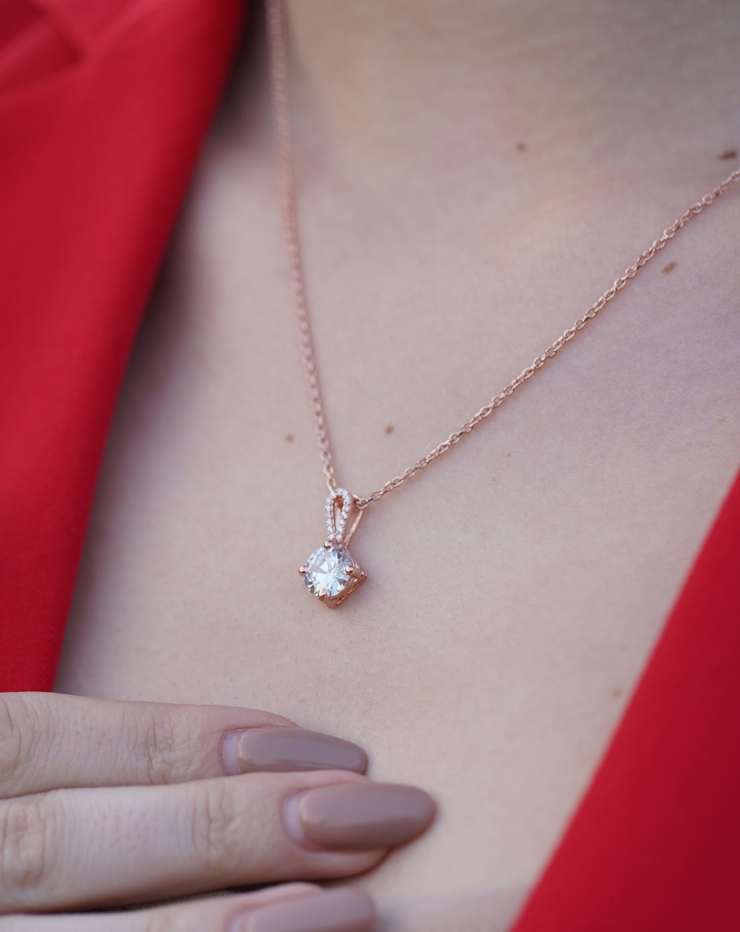 Silver Round Solitaire Stone Pendant Rose Gold