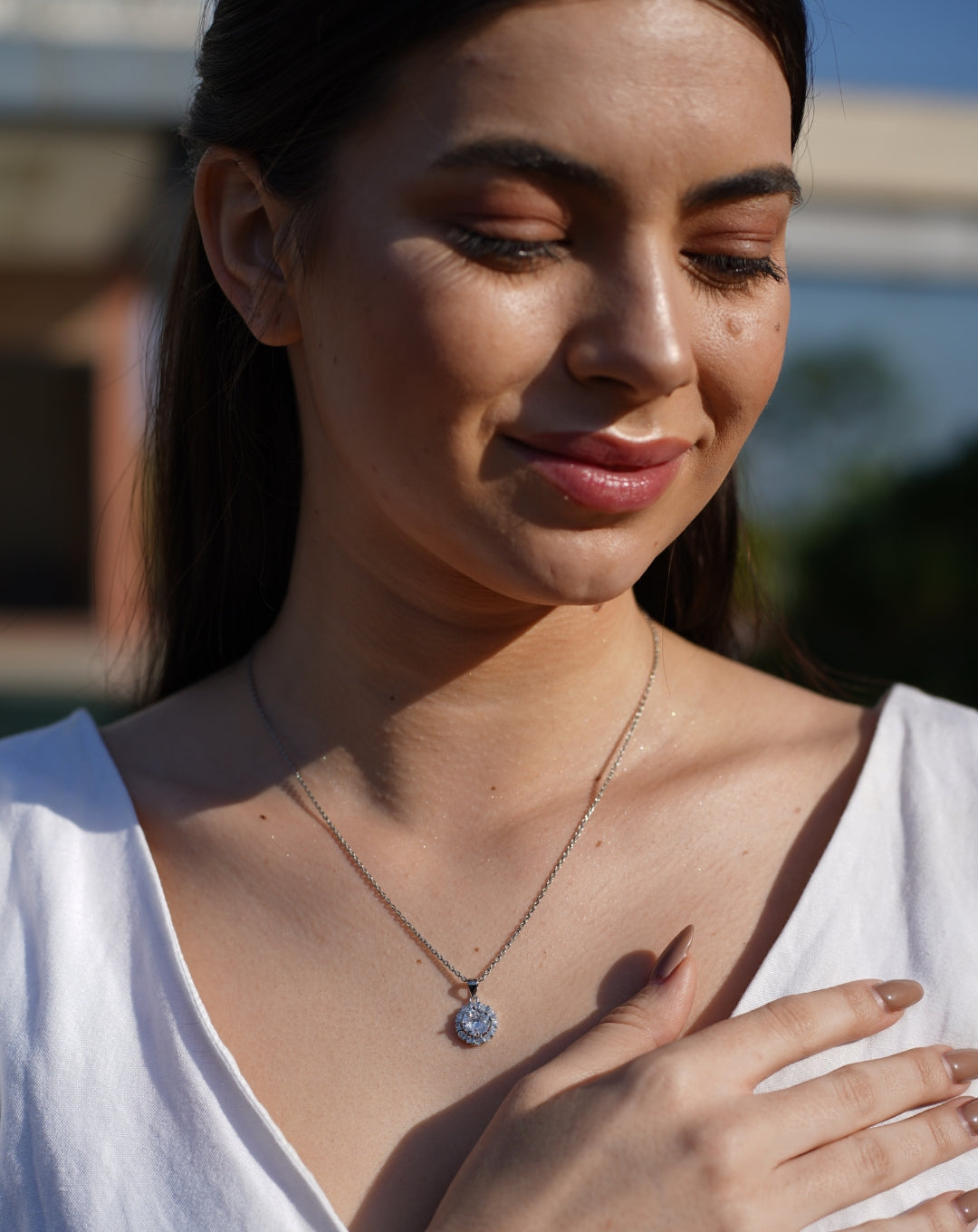 Diamond Solitaire Flower Silver Necklace