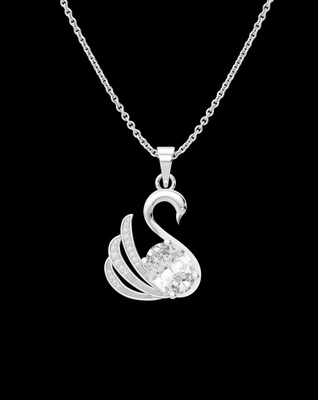 Silver Oval Diamond Swan Necklace