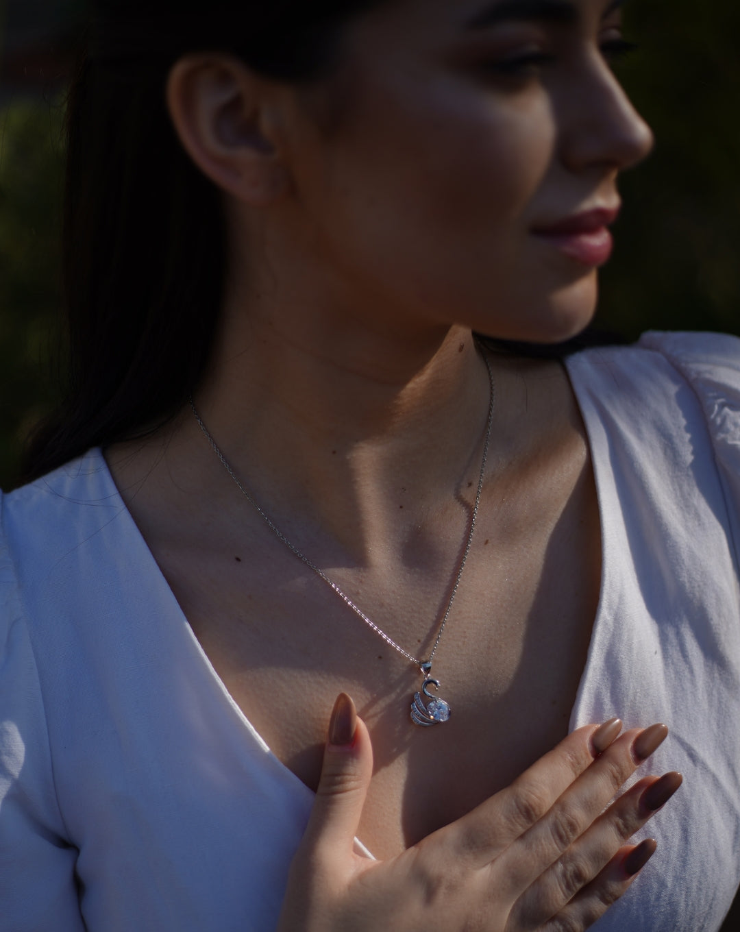 Silver Oval Diamond Swan Necklace