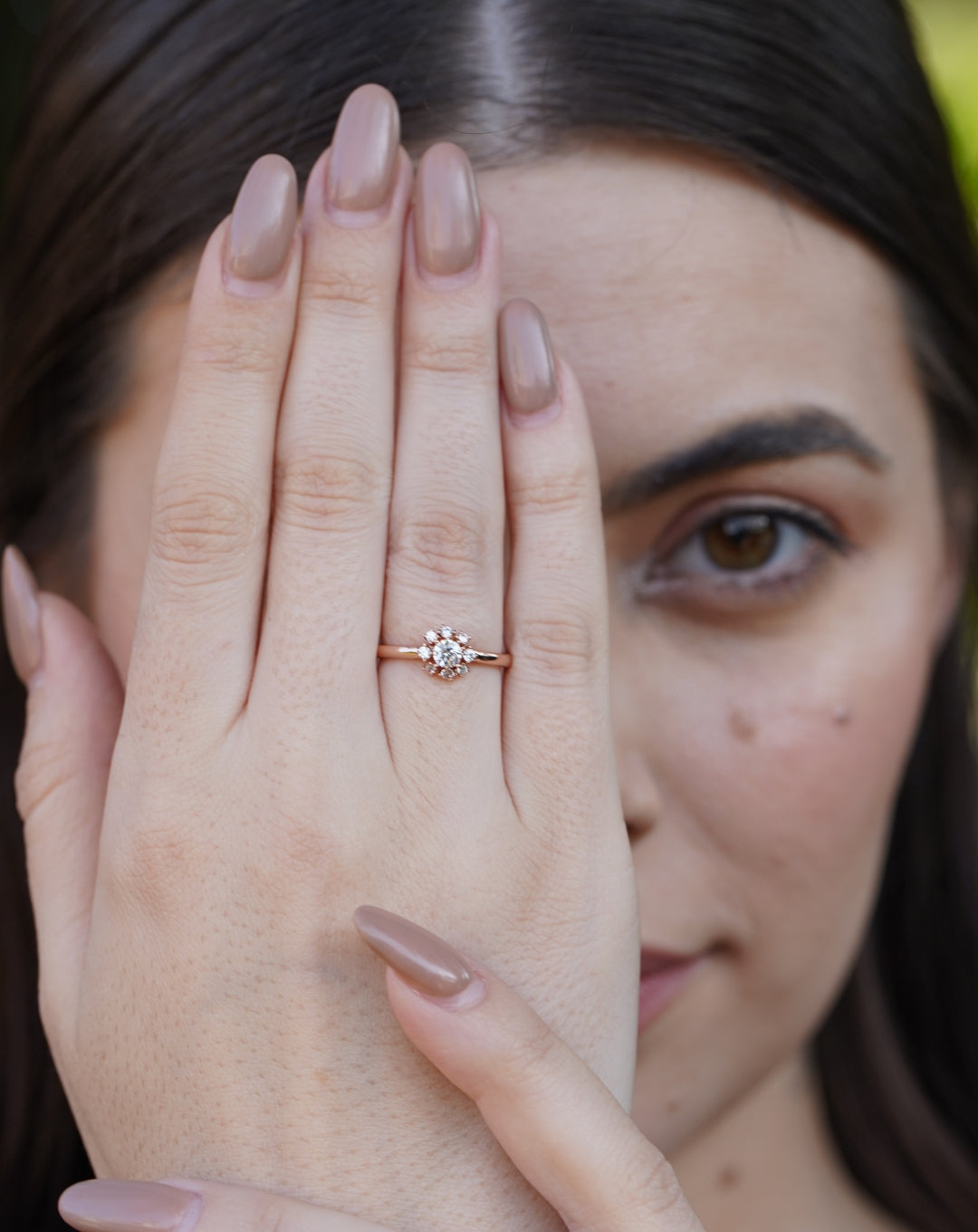 Silver Round Rose Gold Flower Ring