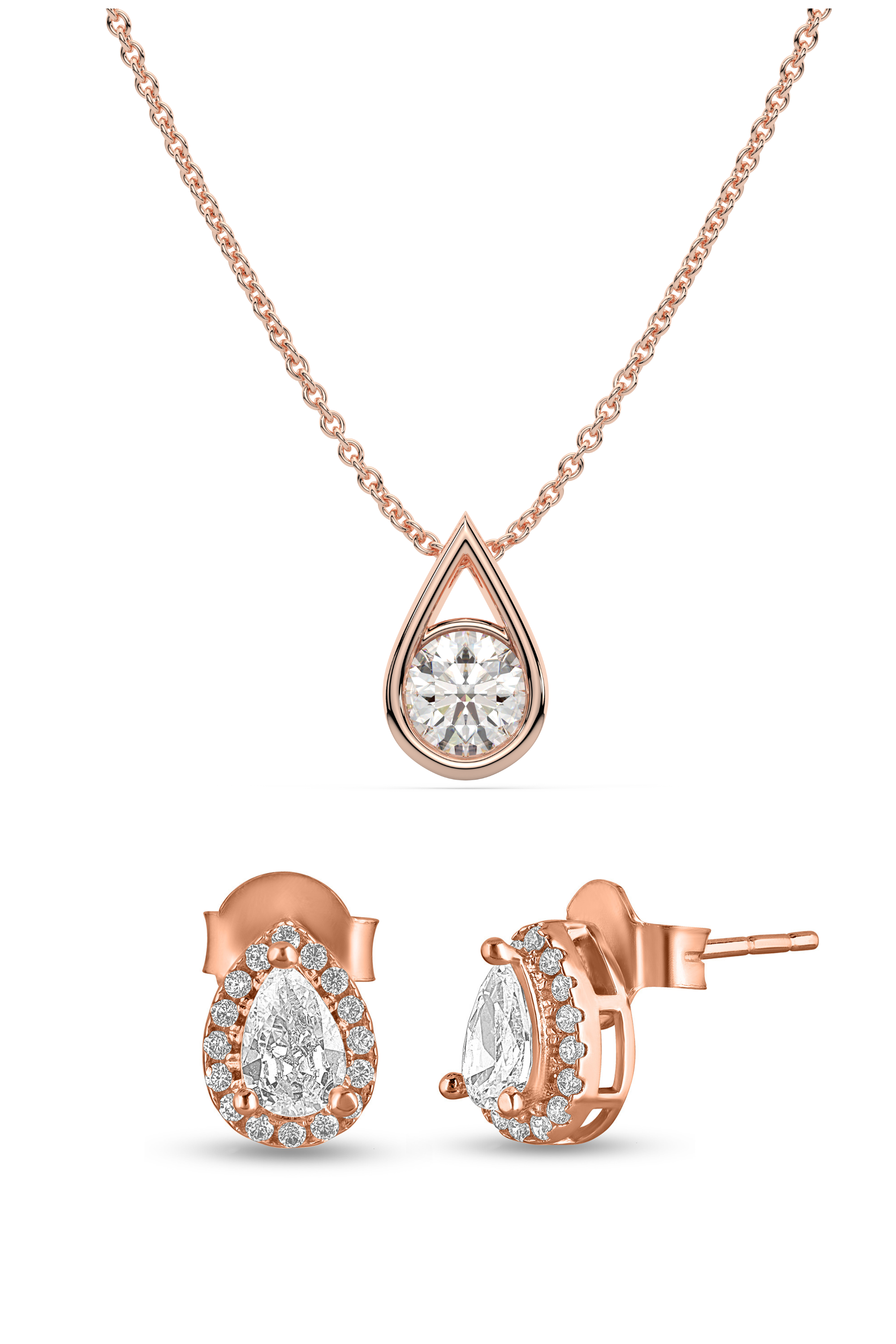 Rose Gold Solitaire Pear Diamond Necklace & earring Set for Women|925 Sterling silver|Swiss Zircon