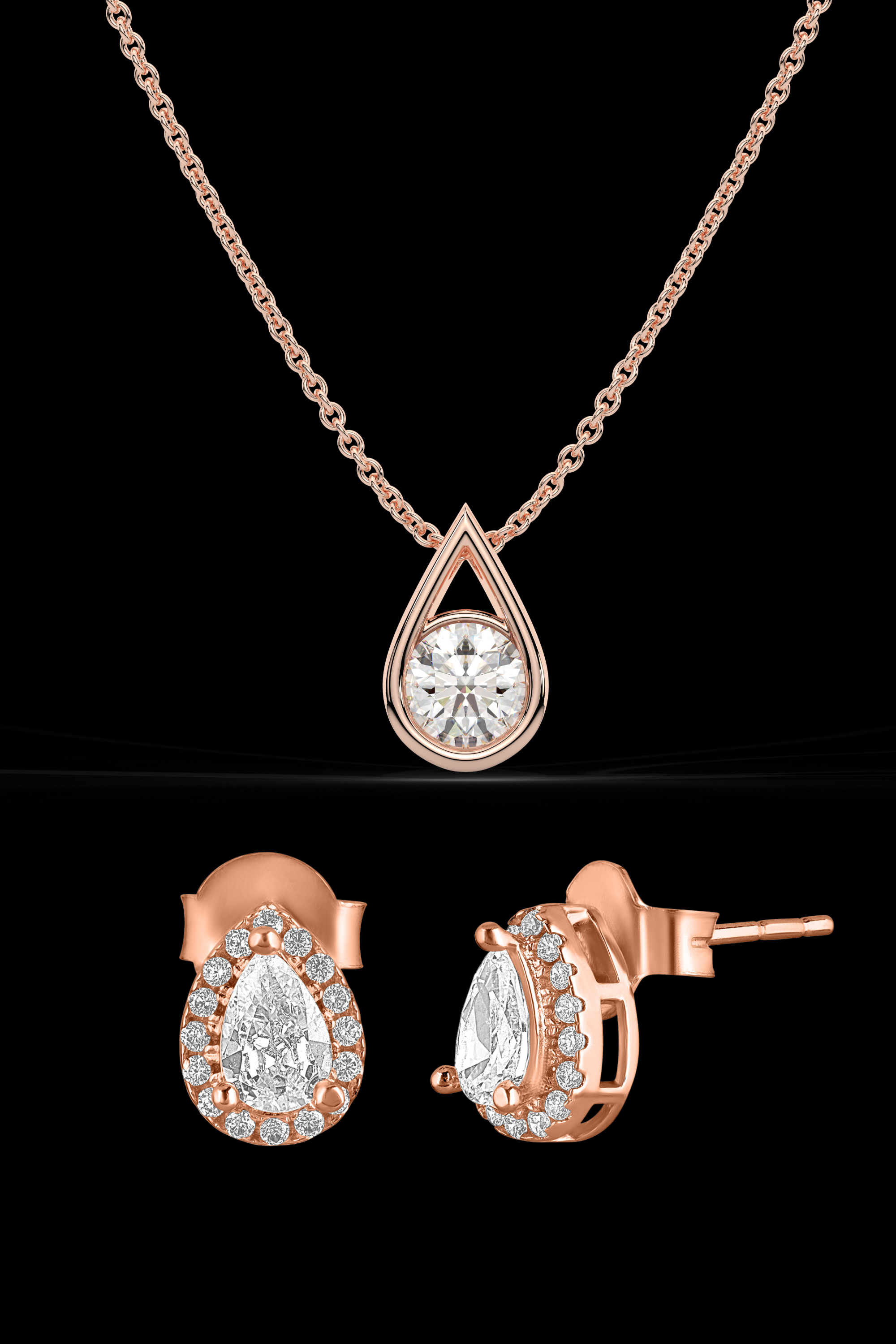 Rose Gold Solitaire Pear Diamond Necklace & earring Set for Women|925 Sterling silver|Swiss Zircon