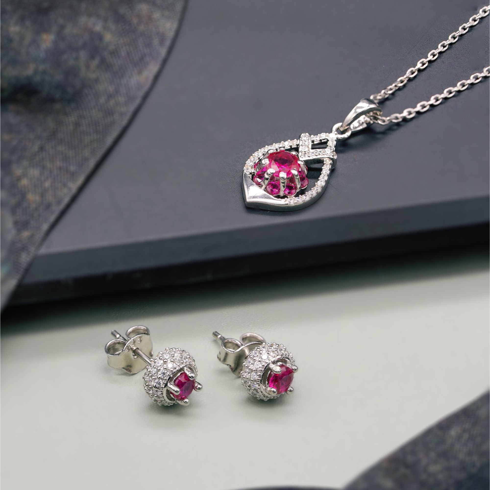 Leaf Ruby Diamond Necklace & Earring Set for Women | 925 Sterling Silver